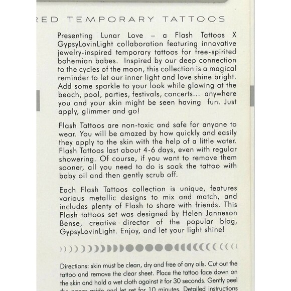 Flash Tattoos Lunar Love Authentic Metallic Temporary Tattoos 4 Sheet Pack - Picture 11 of 12